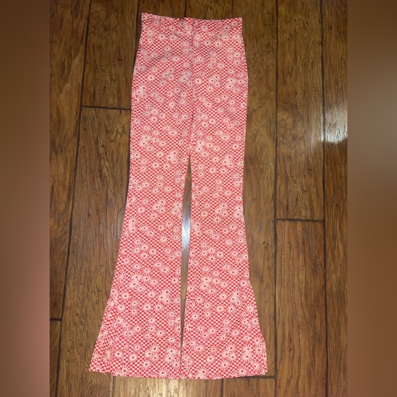 Zara Orange Pink Checkered Daisy Flower Size Small Flare Pants Women hippie boho - Picture 2 of 8